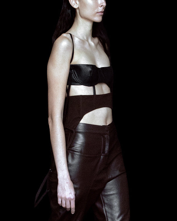 DECONSTRUCTED LEATHER BRA TOP